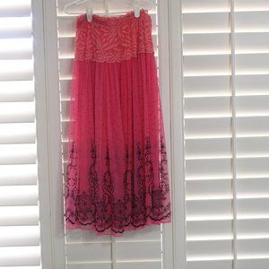 HK Fashion Pink/Black Chiffon & Lace Mid-Calf Skirt